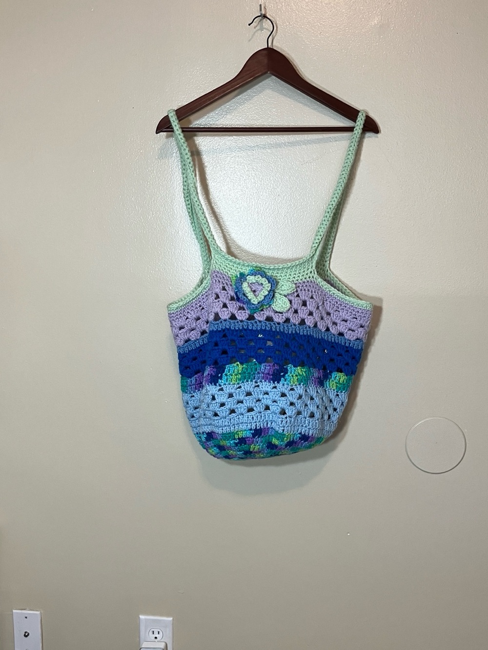 Mint, Lavender Blue Crochet Hobo Bag. Handmade.